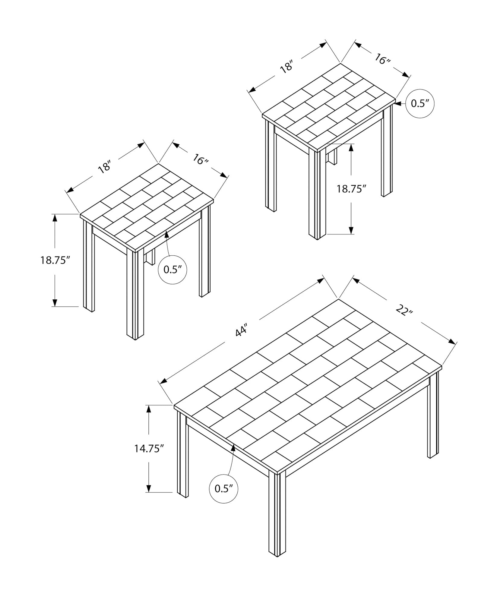 Table Set - 3Pcs Set / Black / Grey Marble-Look Top