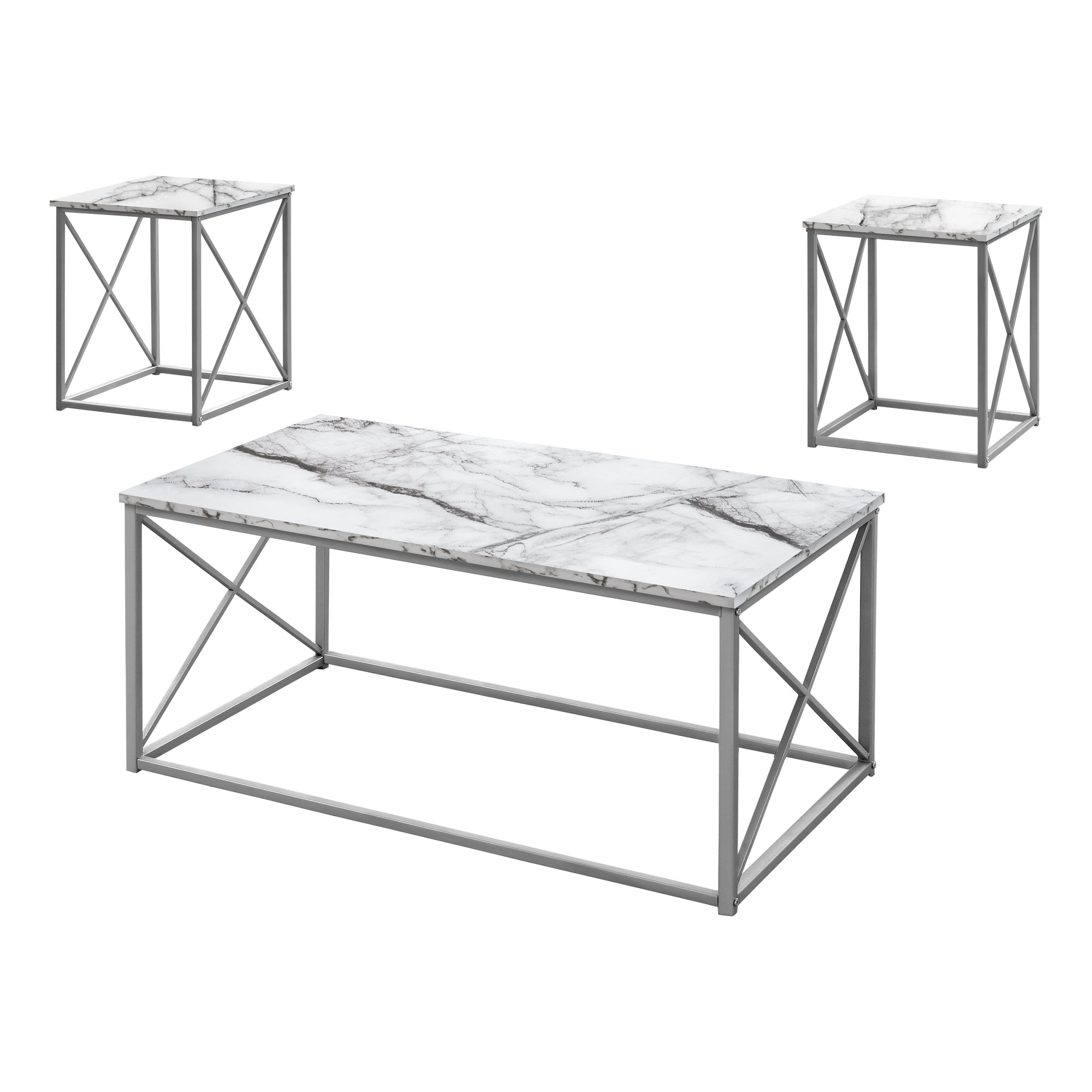 Table Set - 3Pcs Set / White Marble / Silver Metal