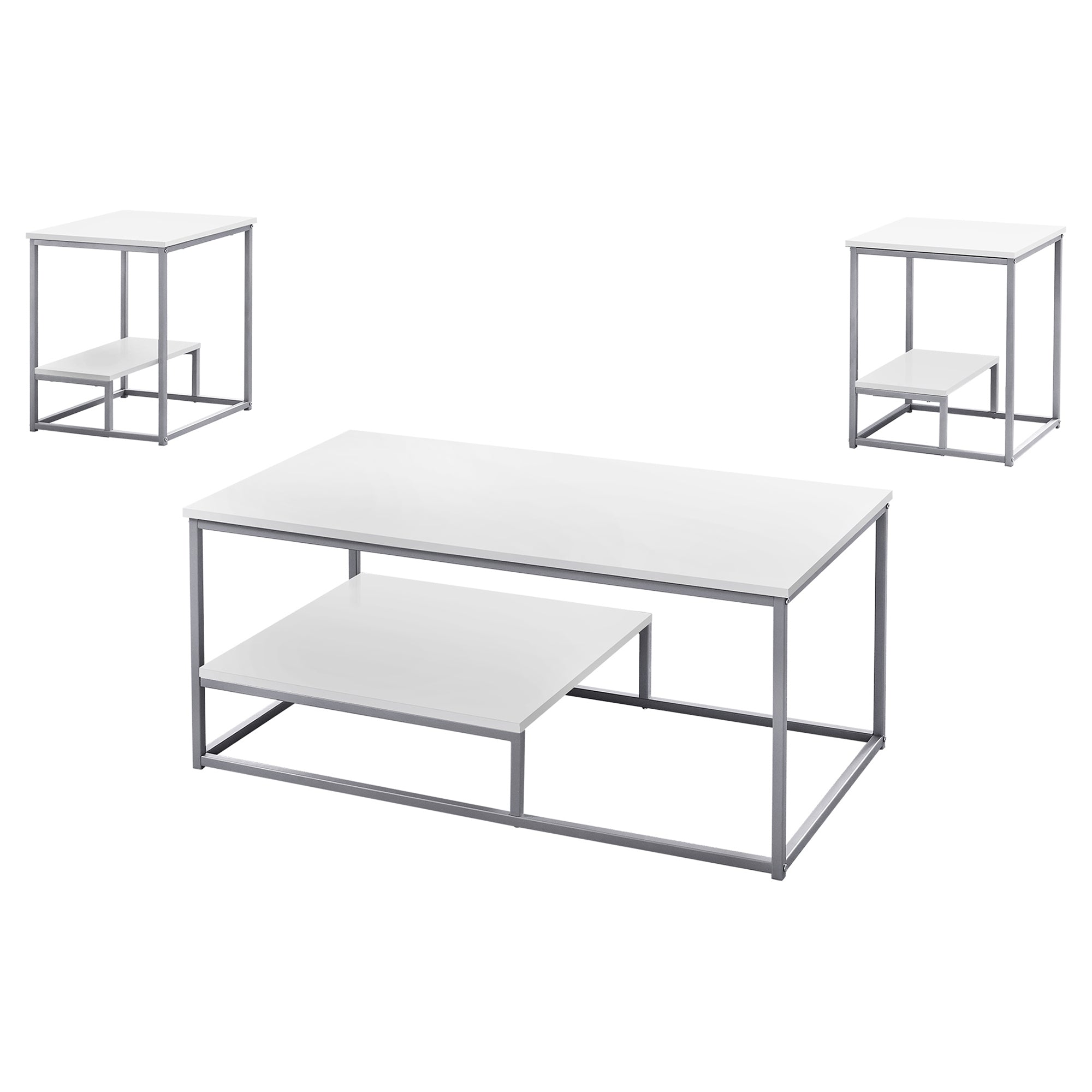 Table Set - 3Pcs Set / White / Silver Metal