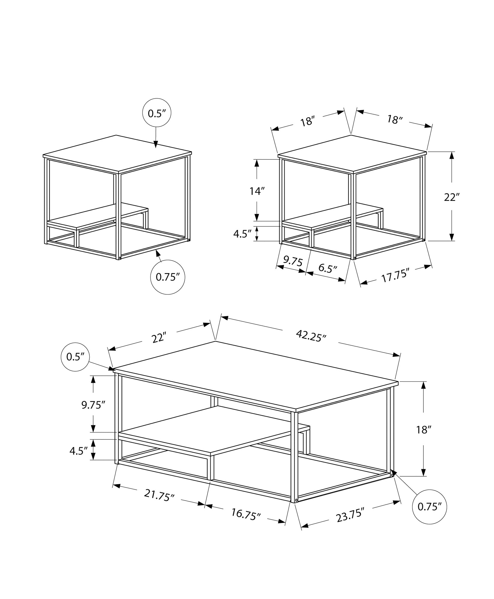 Table Set - 3Pcs Set / Black Marble / Black Metal