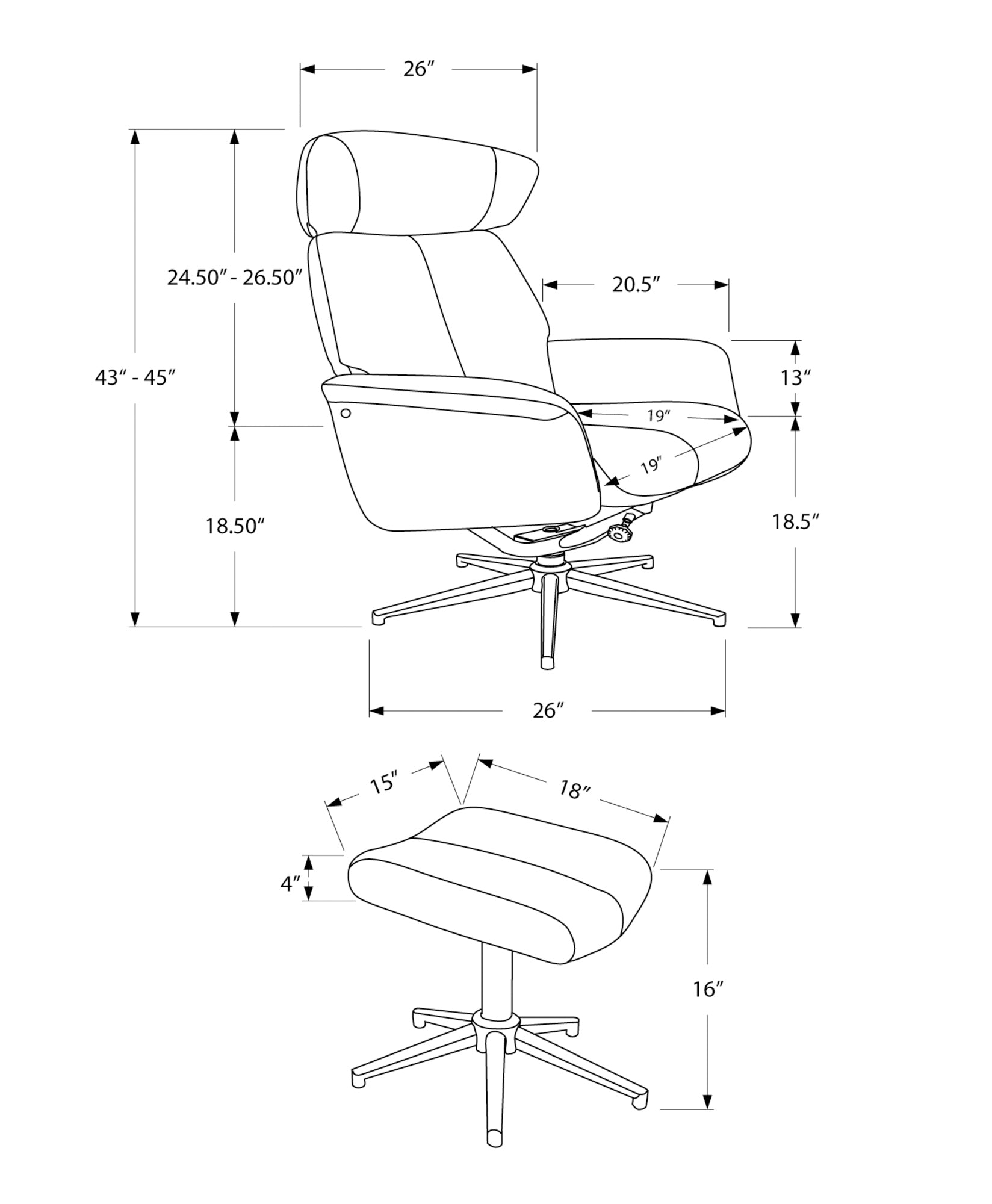 Reclining Chair - 2Pcs Set / Grey Swivel -Adjust Headrest
