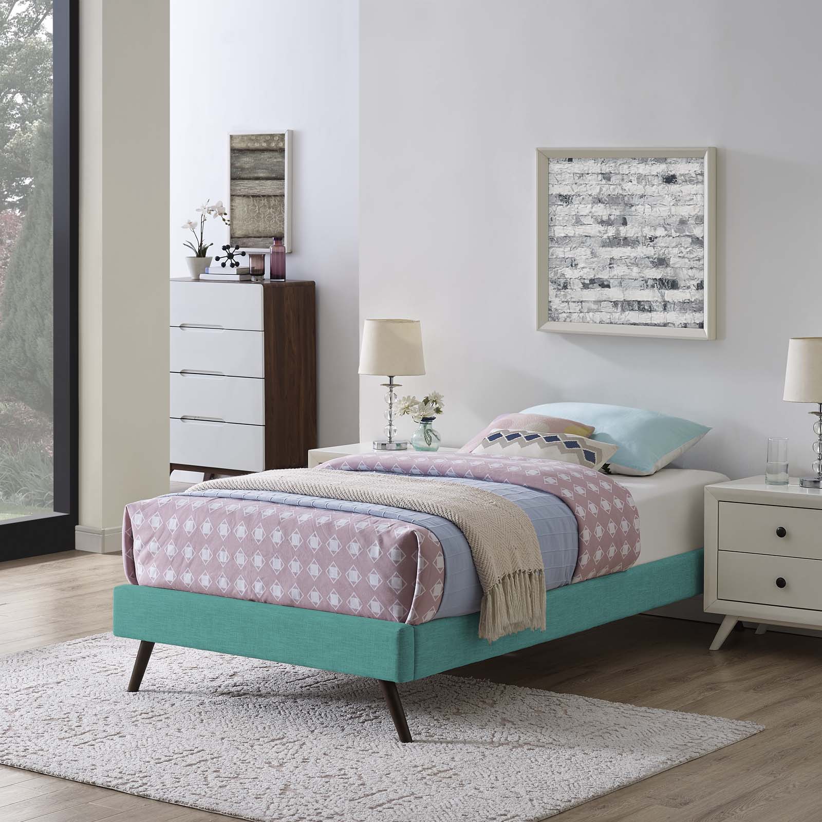 Loryn Twin Fabric Bed Frame with Round Splayed Legs