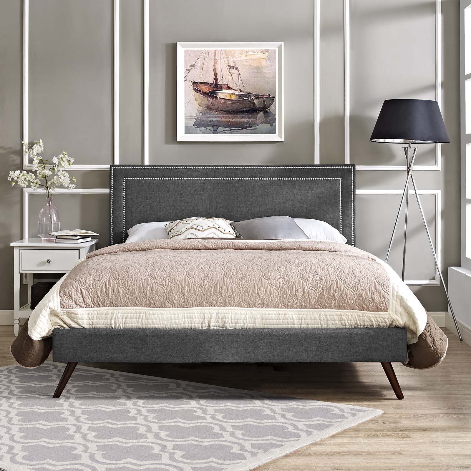 Virginia Queen Fabric Platform Bed with Round Splayed Legs