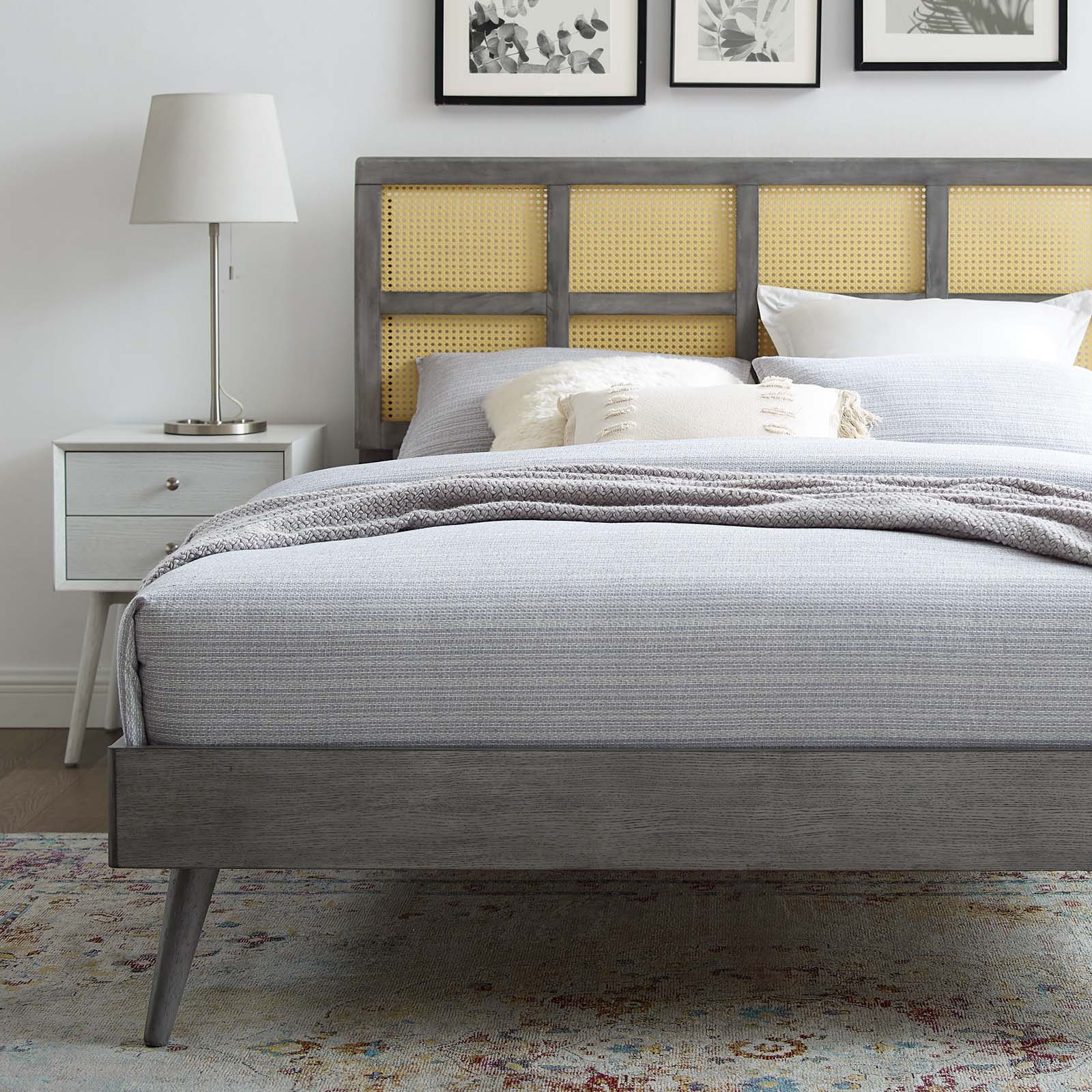 Sidney Cane and Wood Full Platform Bed With Splayed Legs