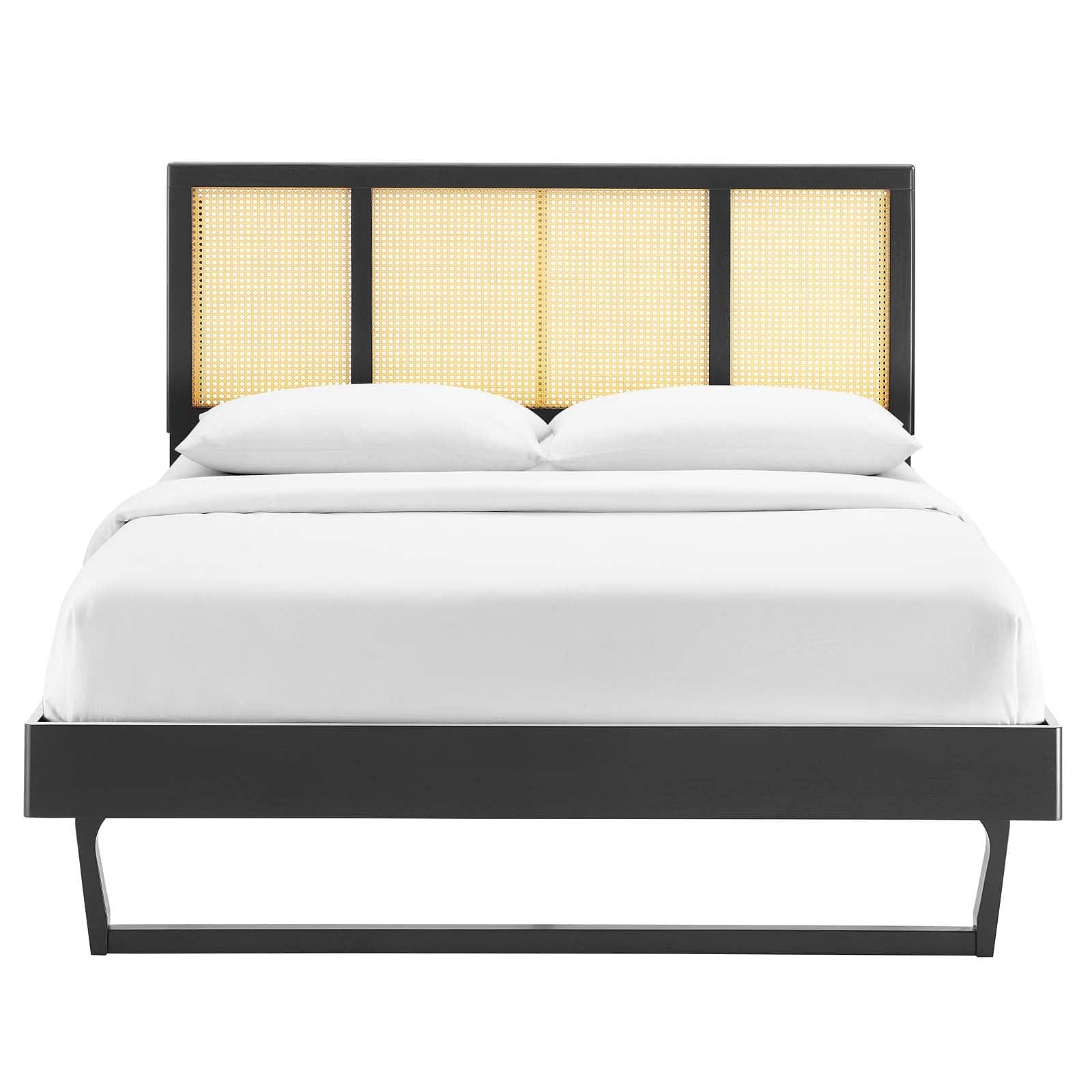 Kelsea Cane and Wood Full Platform Bed With Angular Legs