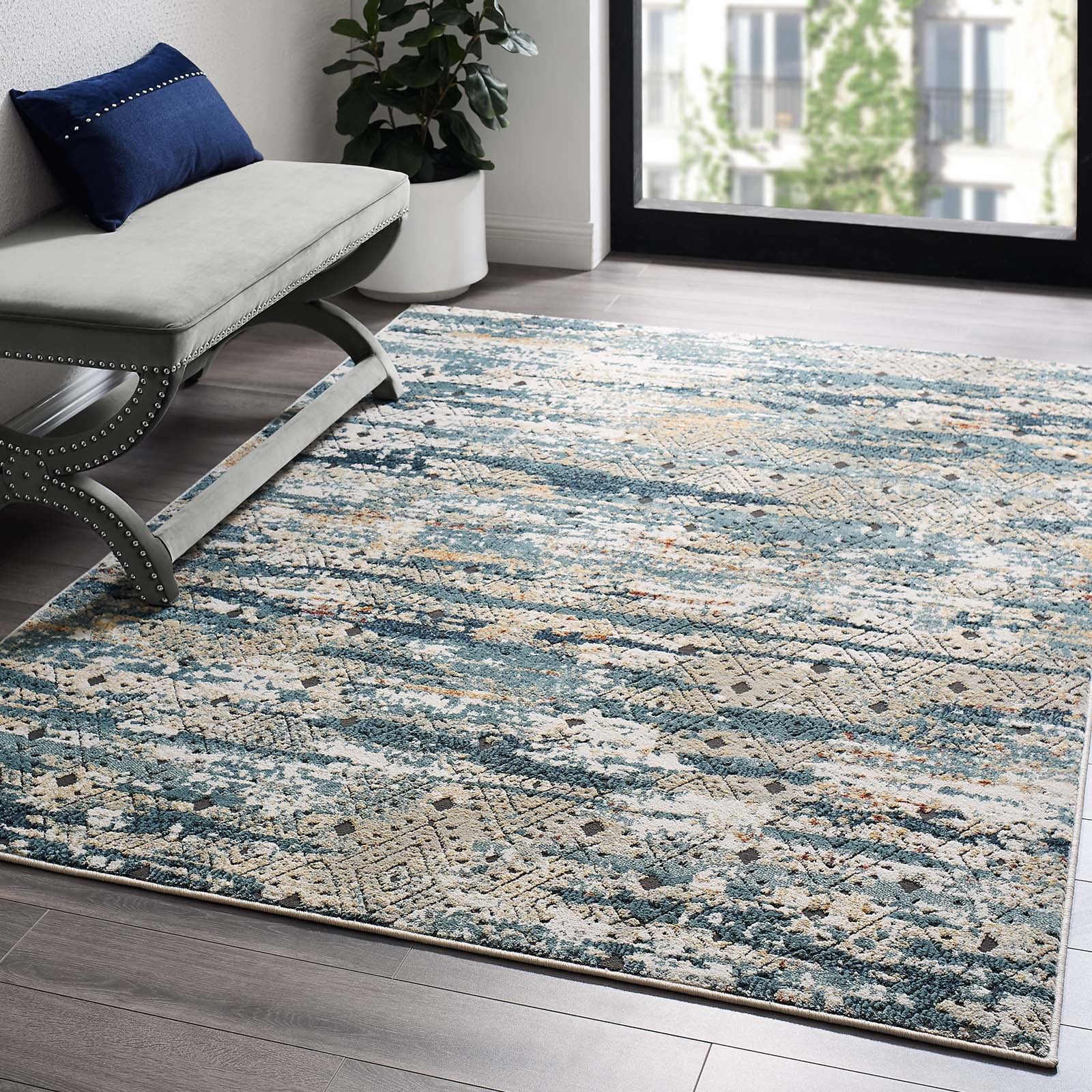 Tribute Eisley Rustic Distressed Transitional Diamond Lattice 5x8 Area Rug