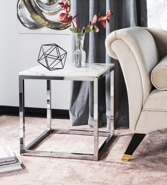 Bethany Square White Marble Wood Finish & Chrome Frame End Table