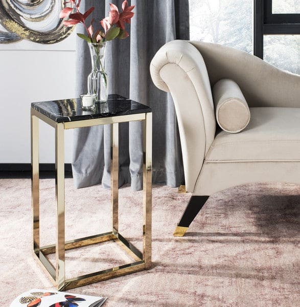 Leah Square Antique Black Marble Wood Finish & Brass Side Table