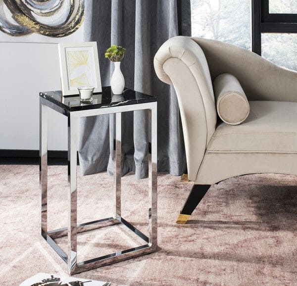 Leah Square Black Wood Marble Finish & Chrome Metal Side Table