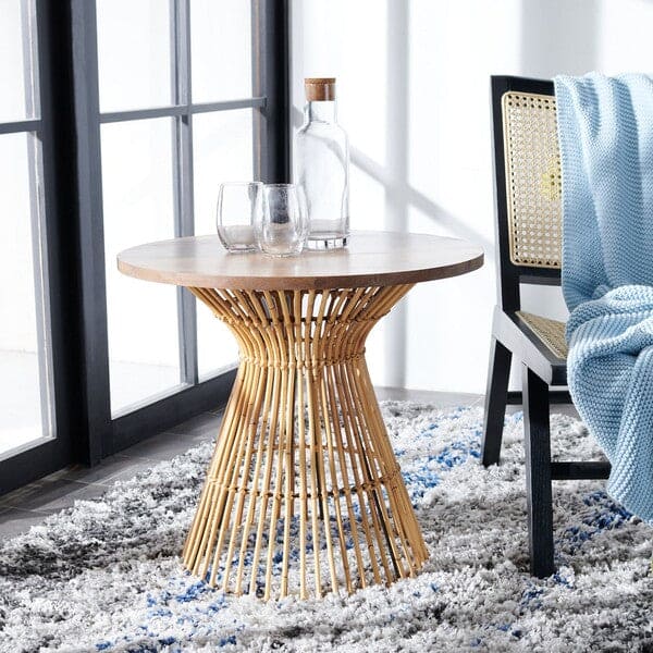 Whent Round Natural Rattan Side Accent Table with Mango Wood | Natural