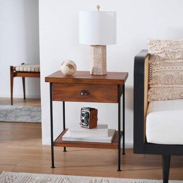 Eris 1 Drawer 1 Shelf Classic Square Accent Table for Living Room | Brown & Black