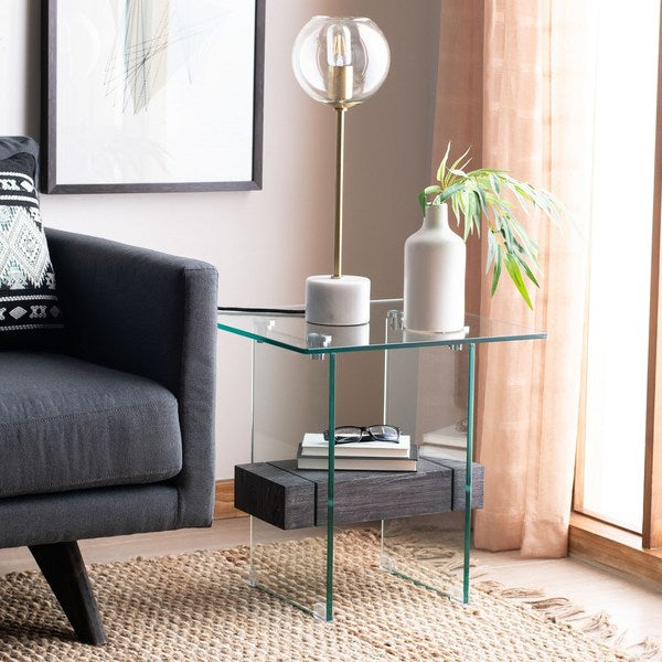 Kayley Modern Square Accent Table with Storage for Living Room | Natural & Glass