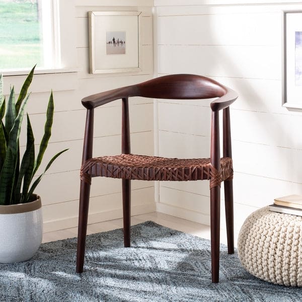 Juneau Mid-Century Modern Design Leather Woven Accent Chair | Walnut